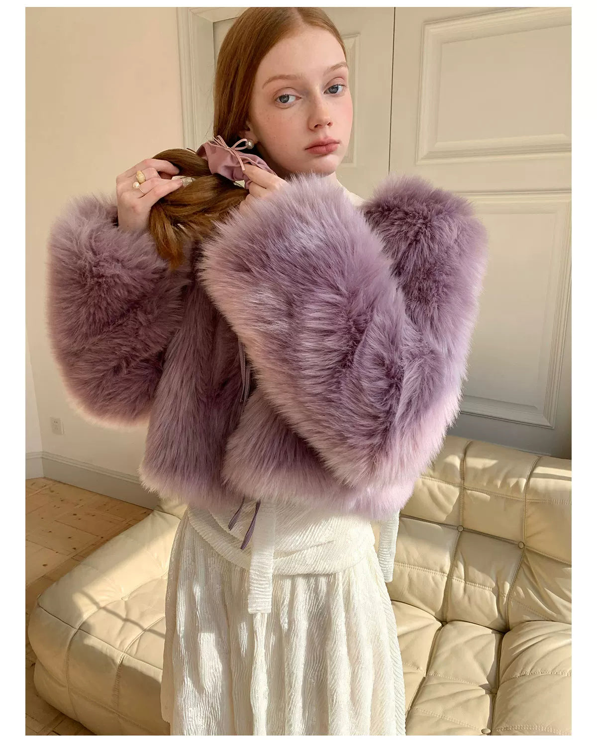 PU Leather Mix Bow Fur Jacket