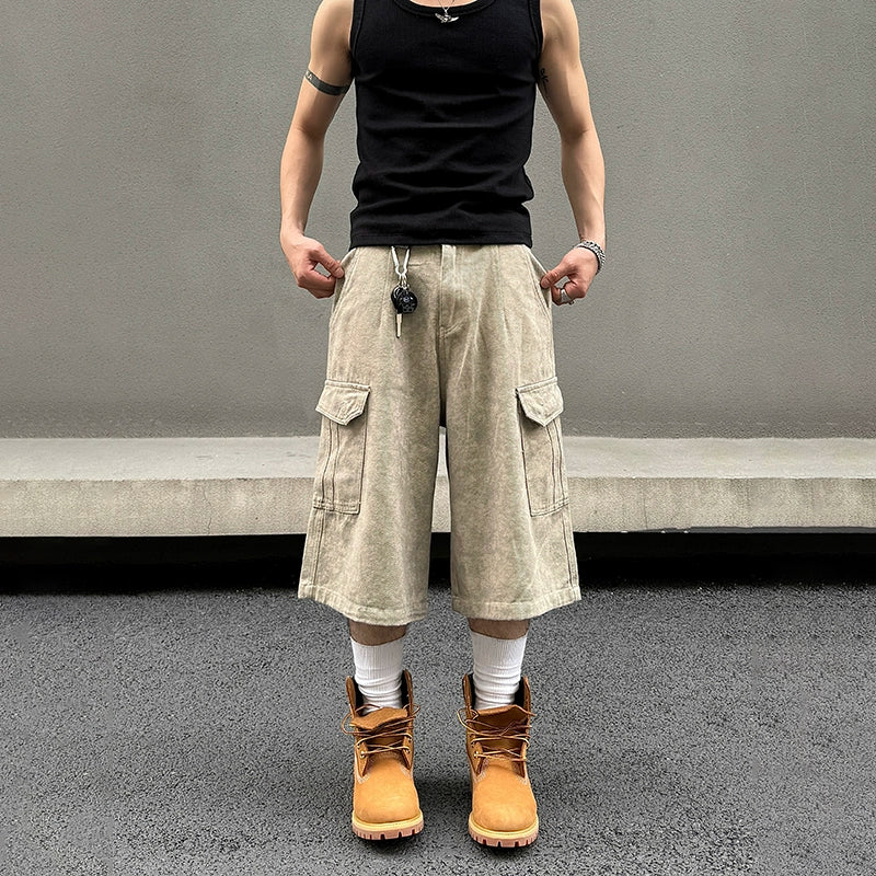 Marble Pattern Washed Wide Leg Cargo Short