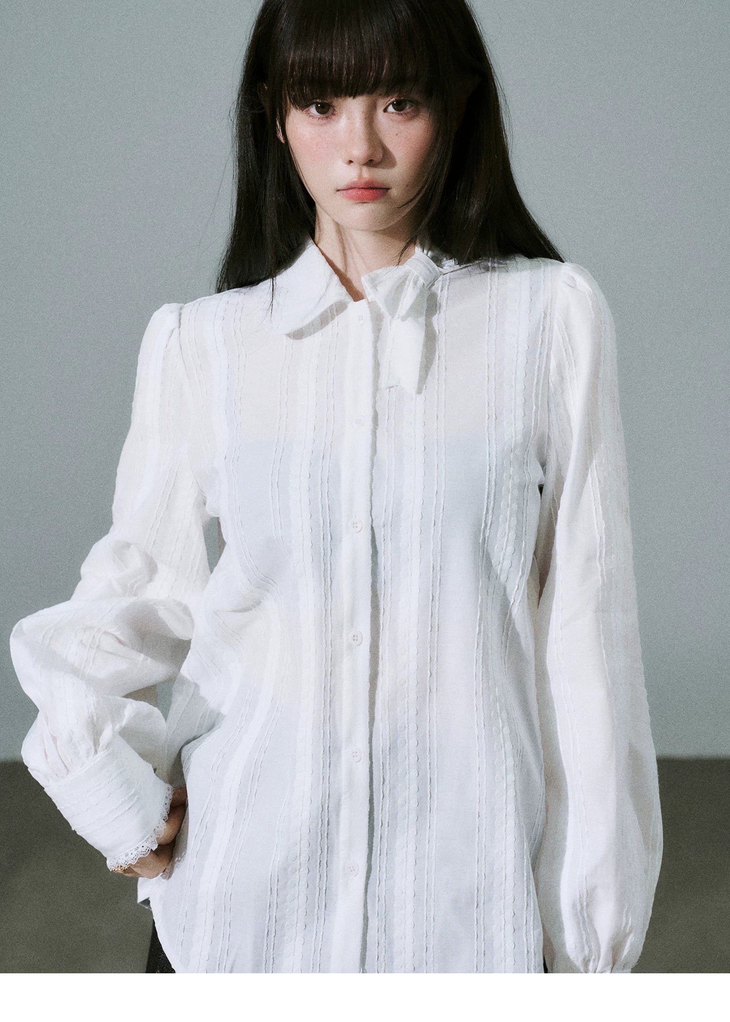 Bow Tie Collar Pleats Detail Blouse