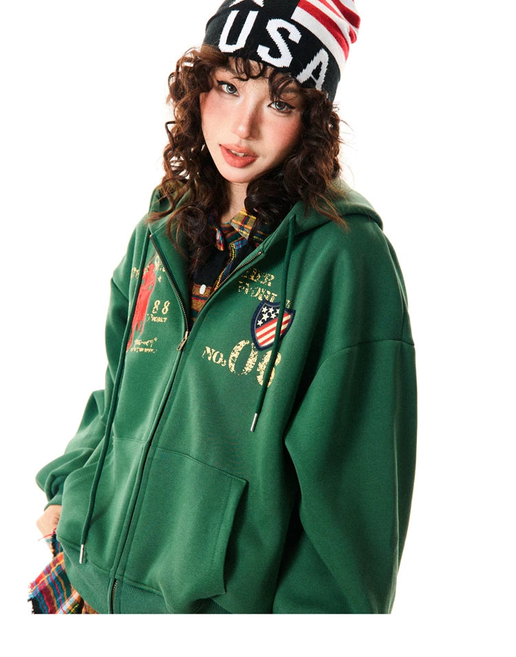 Letter Embroidery Washed Zipper Hoodie