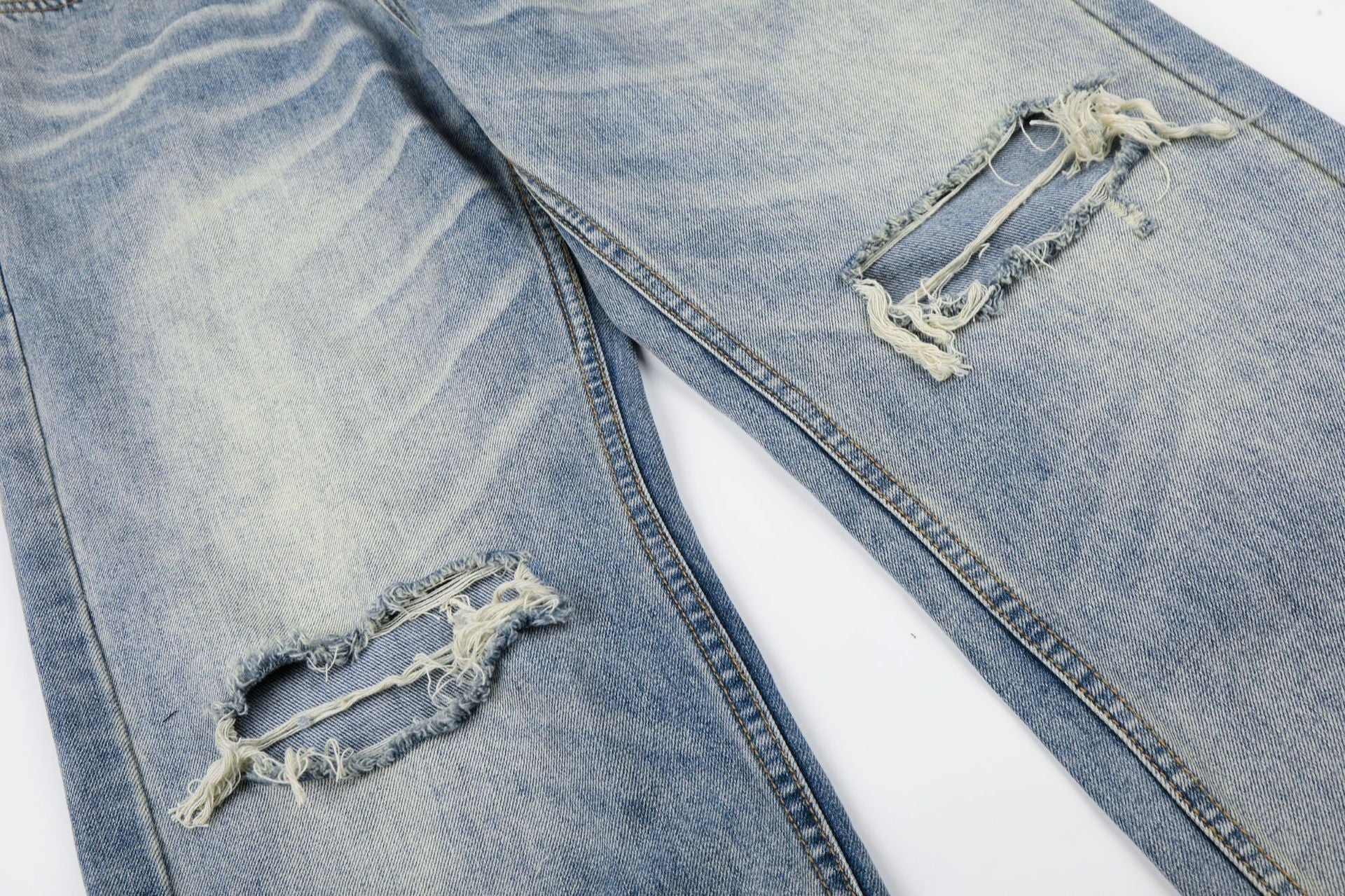 Washed Damage Whisker Wide Leg Denim Jeans