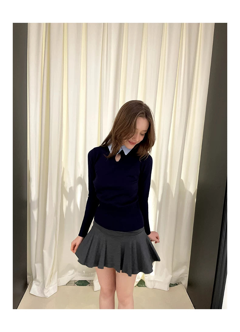 Collar Knit Sweater & Pleats Short Skirt Setup
