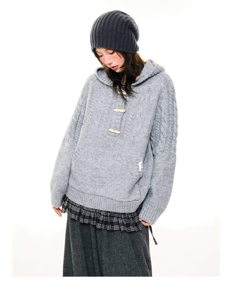 Hooded Toggle-Front Knit Sweater