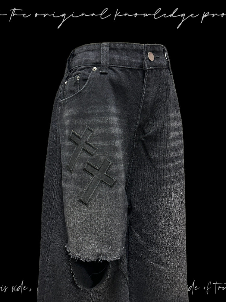 Letter Damage Wide-Leg Straight Half Denim Jeans & Belt & Chain