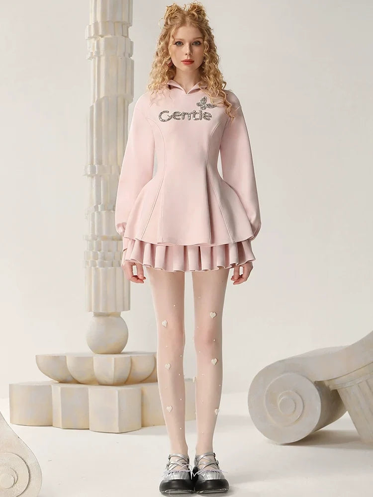 3D Characters Hoodie & High Waist Pleats Skirt Setup