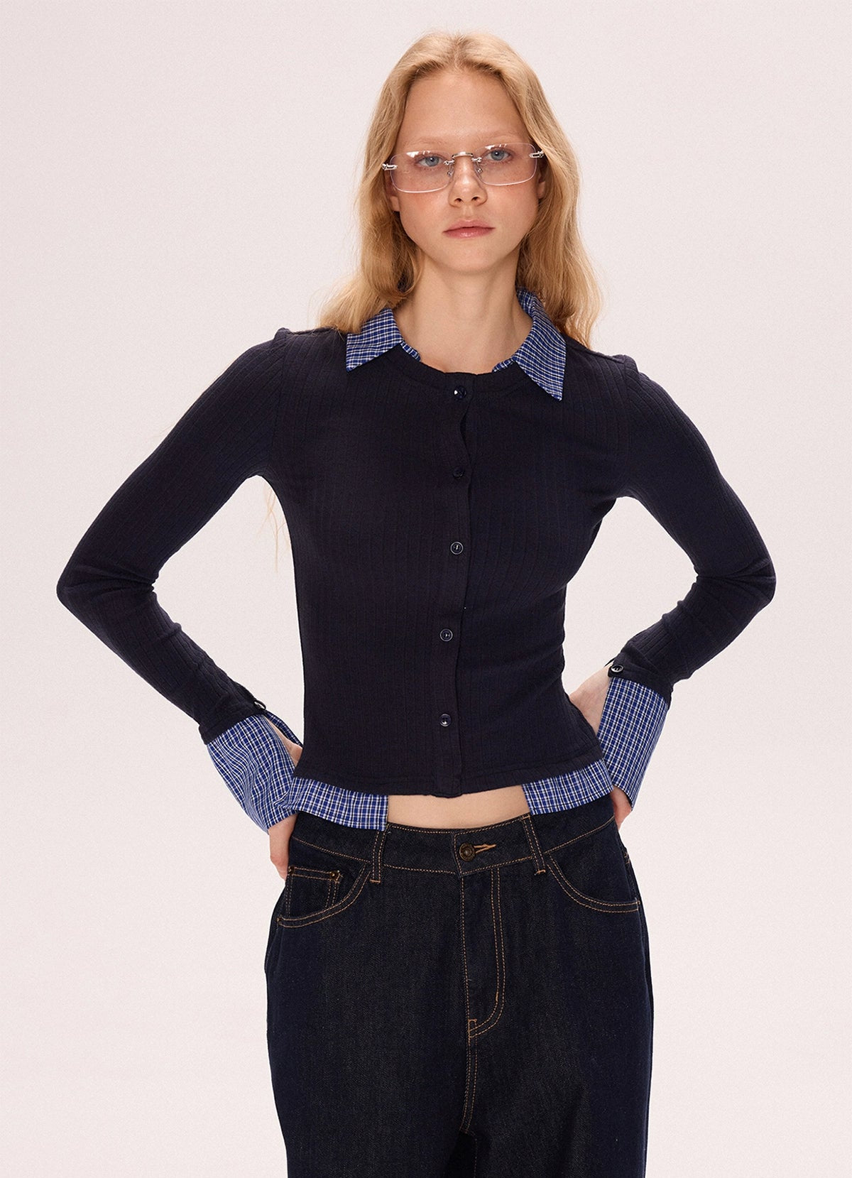 Two Tone Polo Neck Patchwork Knit Shirt