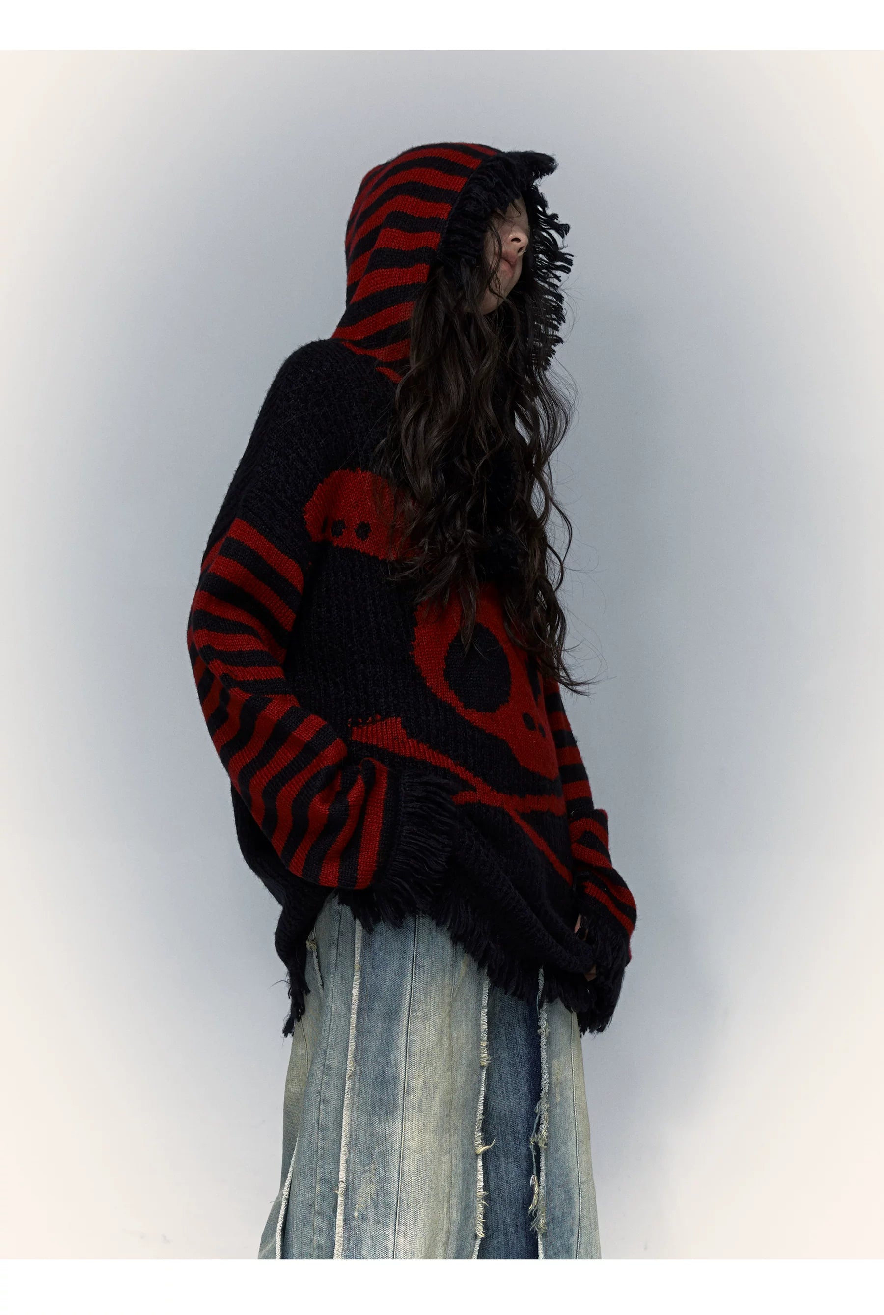 Skull Print Stripe Oversize Knit Hoodie
