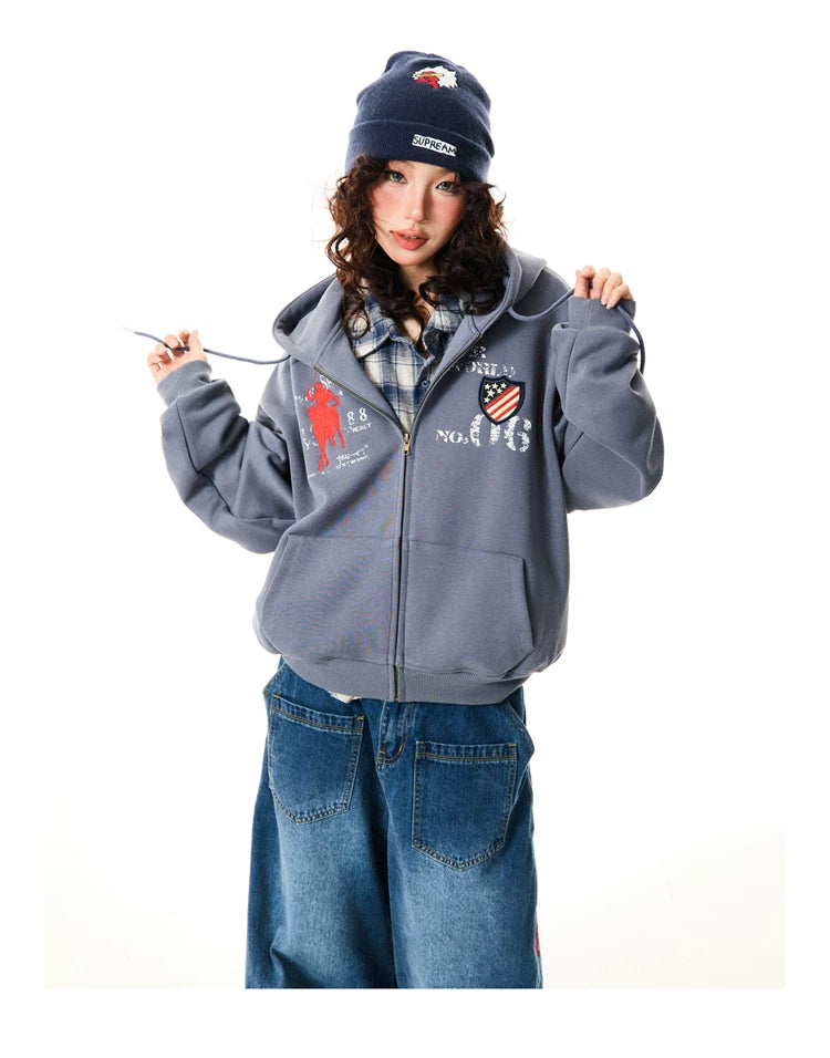 Letter Embroidery Washed Zipper Hoodie
