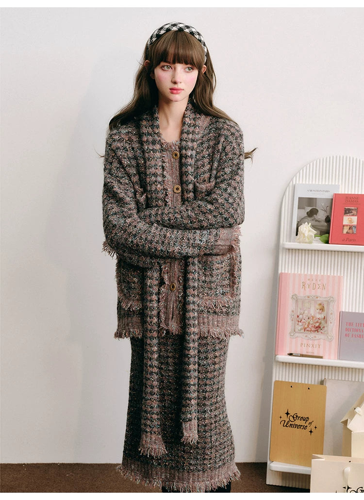 Plaid Button Cardigan & Scarf & Long Skirt Setup