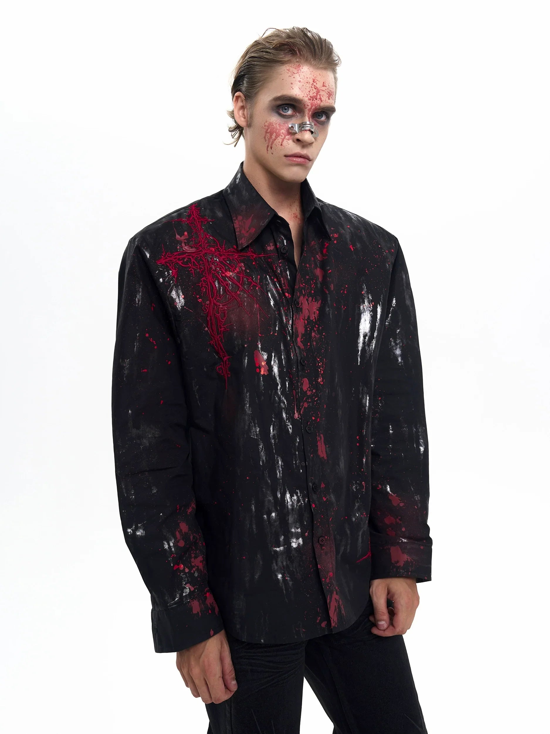 Bloodstain Foil Gothic Embroidery Shoulder-Pad Long Sleeve Shirt