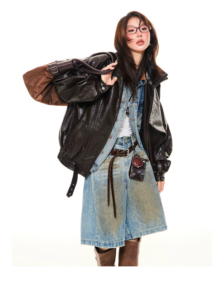 Asymmetrical Stand Collar PU Leather Jacket