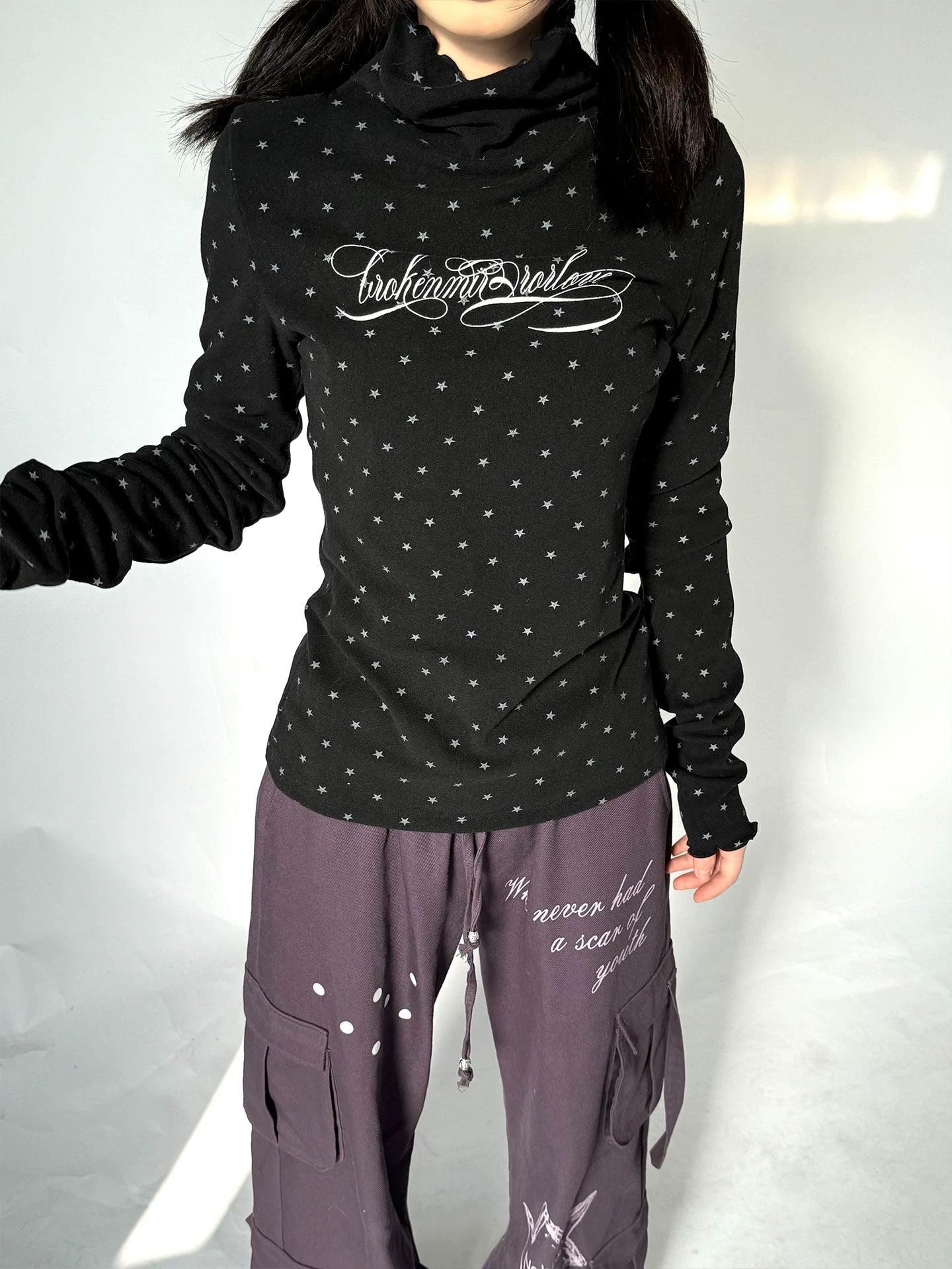 Polka Dot Print High-Neck Long Sleeve T-Shirt