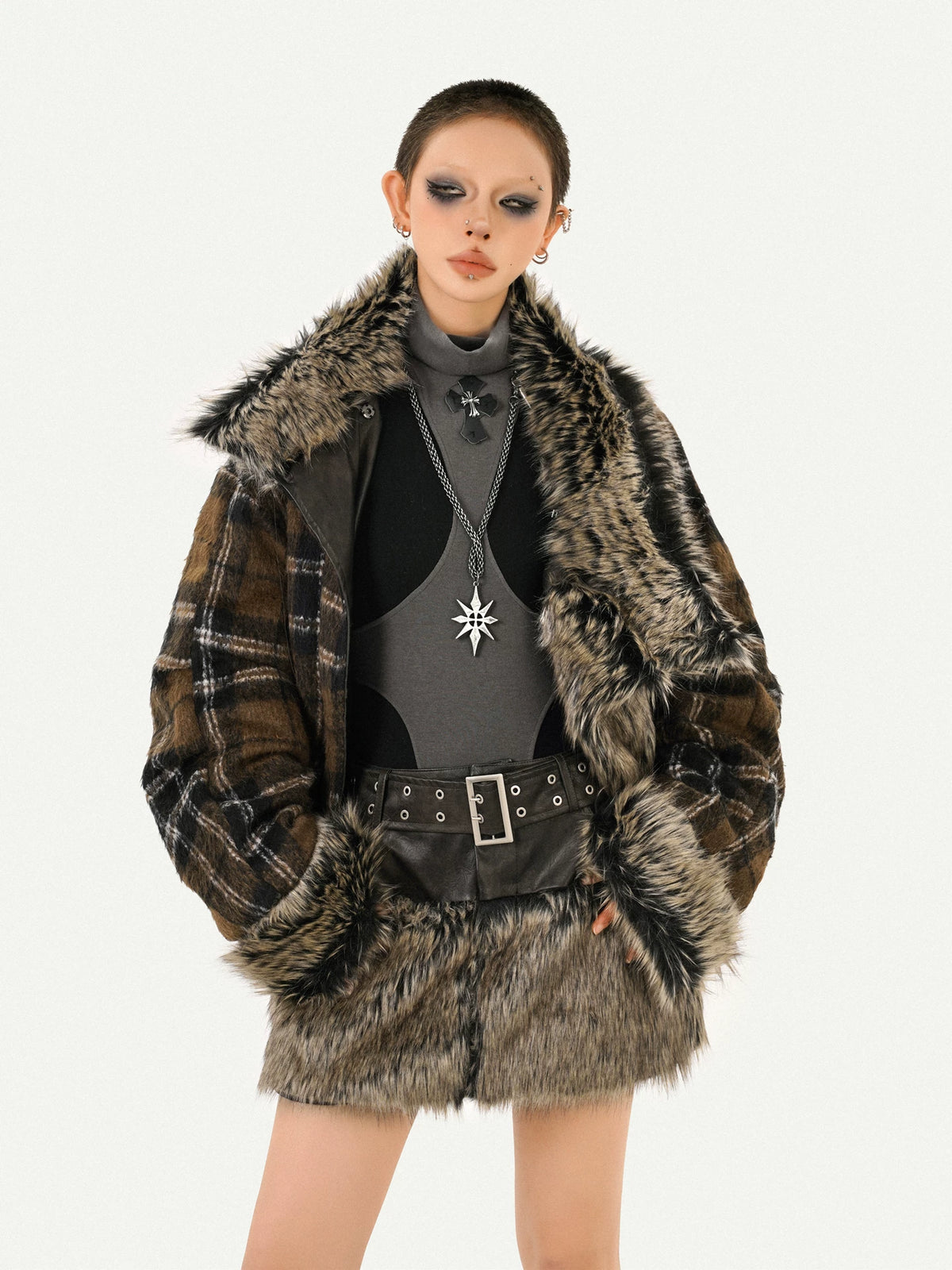 Reversible Fake Fur PU Leather Jacket & Skirt Setup