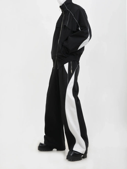 Contrast Color Sporty Jacket & Wide-leg Sporty Pants Setup - black / M / jacket