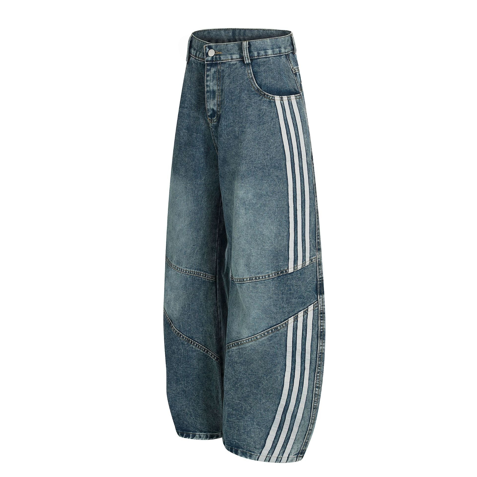 Deconstructed Three-Stripe Curved Wide Leg Denim Jeans