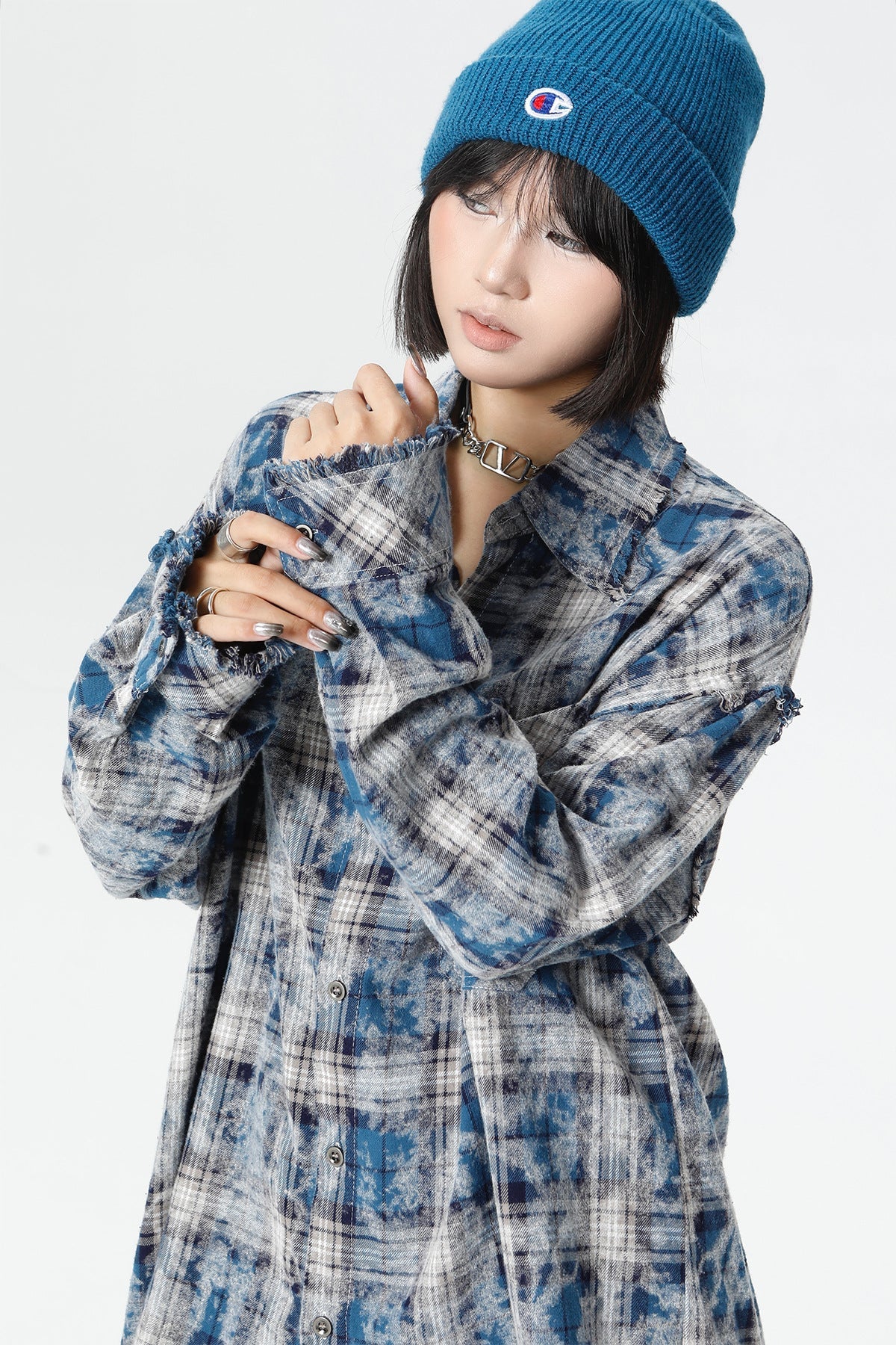 Plaid Washed Fringe Long Sleeve Shirt