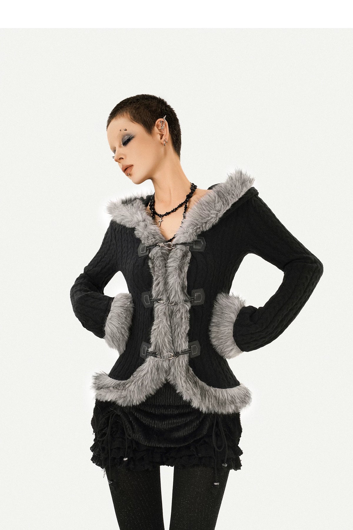 Hooded Fur Collar Fitted Knit Cardigan