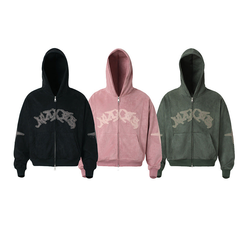 Chaqueta corta con capucha y doble cremallera de ante