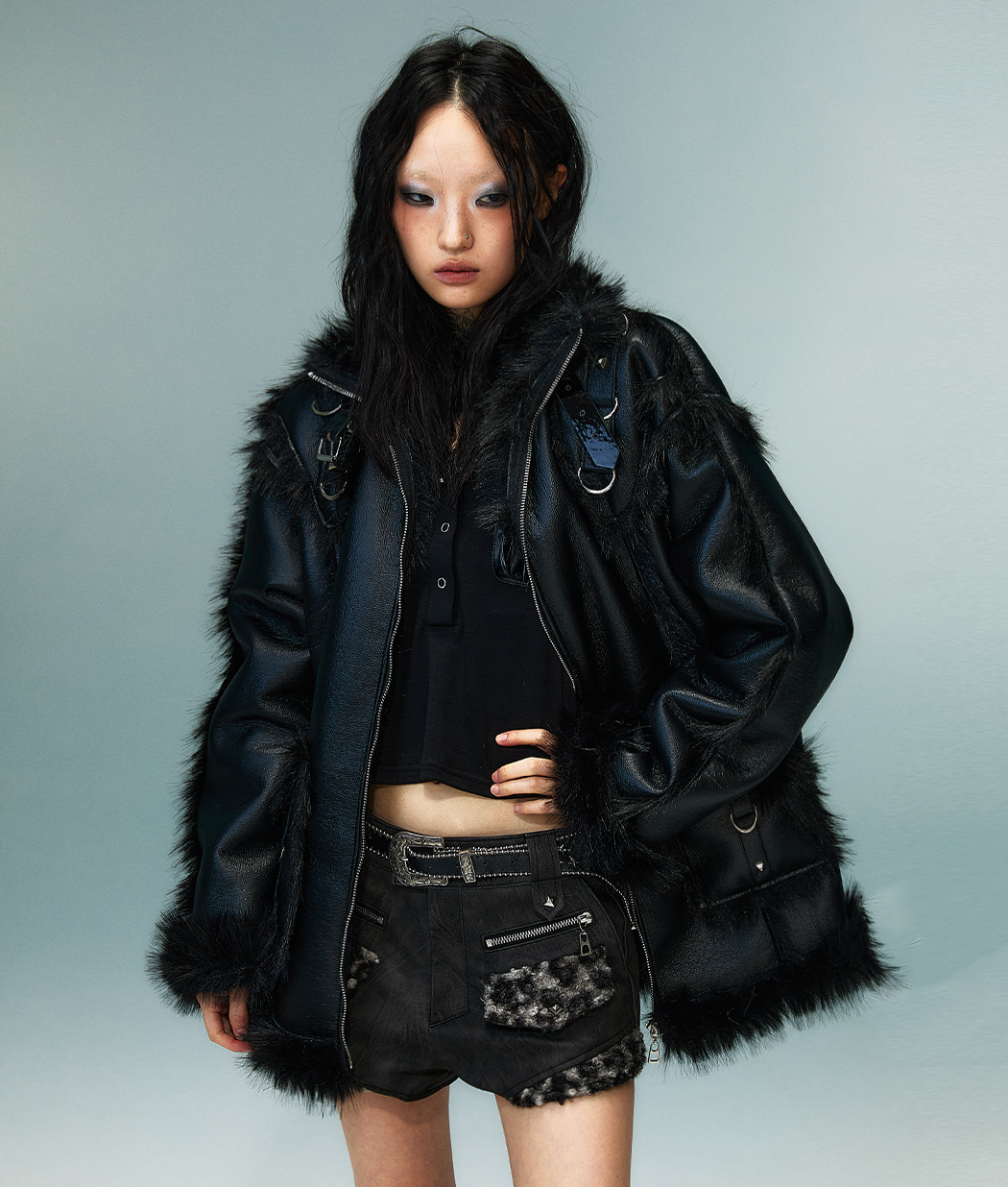 Punk Oversize Metal-Accent Shearling Jacket