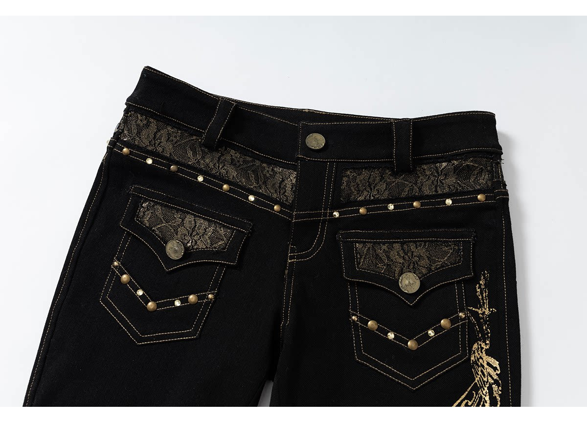 Embroidery Low Rise Straight Denim Jeans