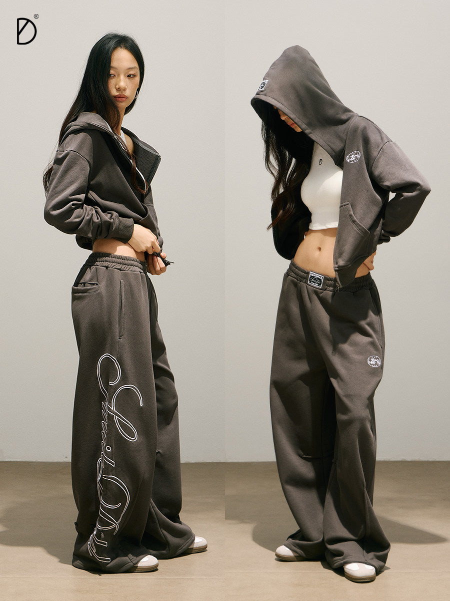 Letter Print Zipper Hoodie & Letter Print Wide Leg Sweatpants Setup