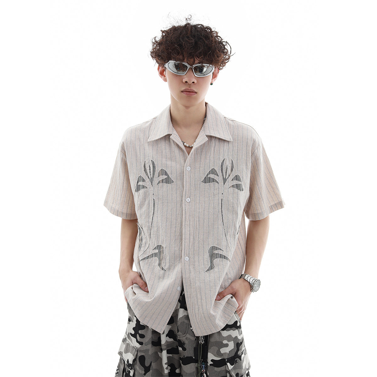 Patch Embroidery Stripe Short Sleeve Shirt