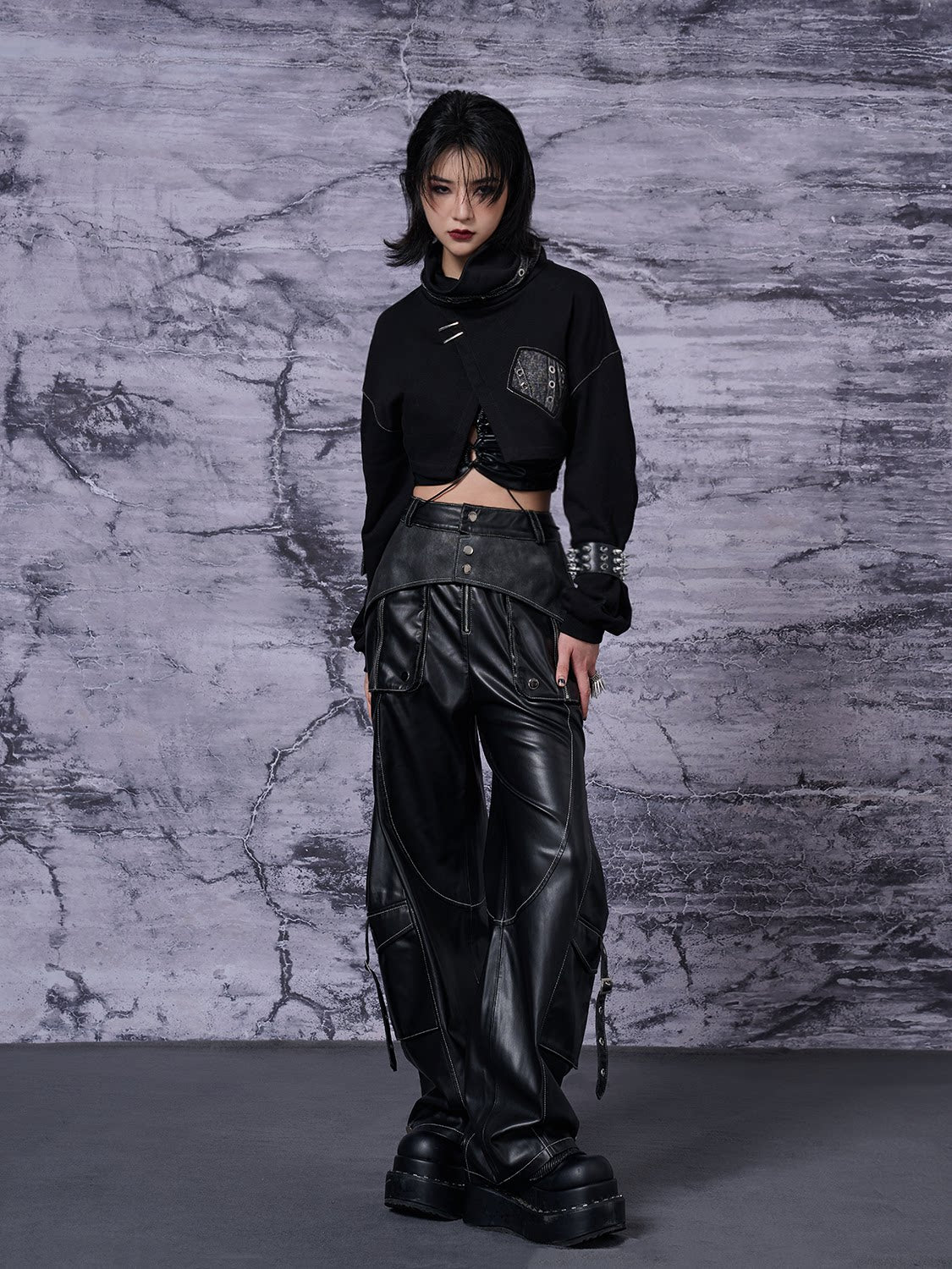 Metal-Embellished Straight-Leg PU Leather Cargo Pants