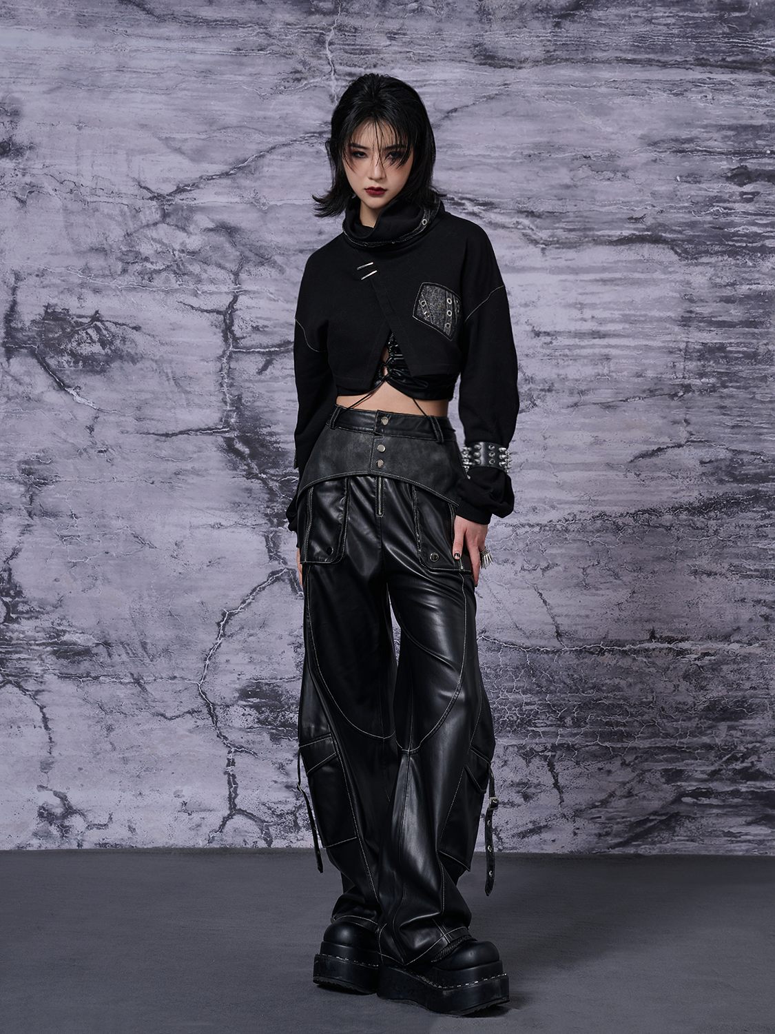 Metal-Embellished Straight-Leg PU Leather Cargo Pants