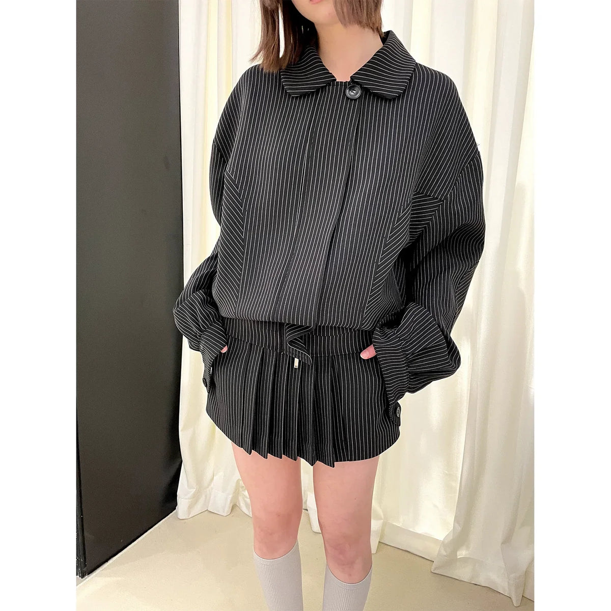 Stripe Polo Collar Jacket & Pleated Short Skirt Setup