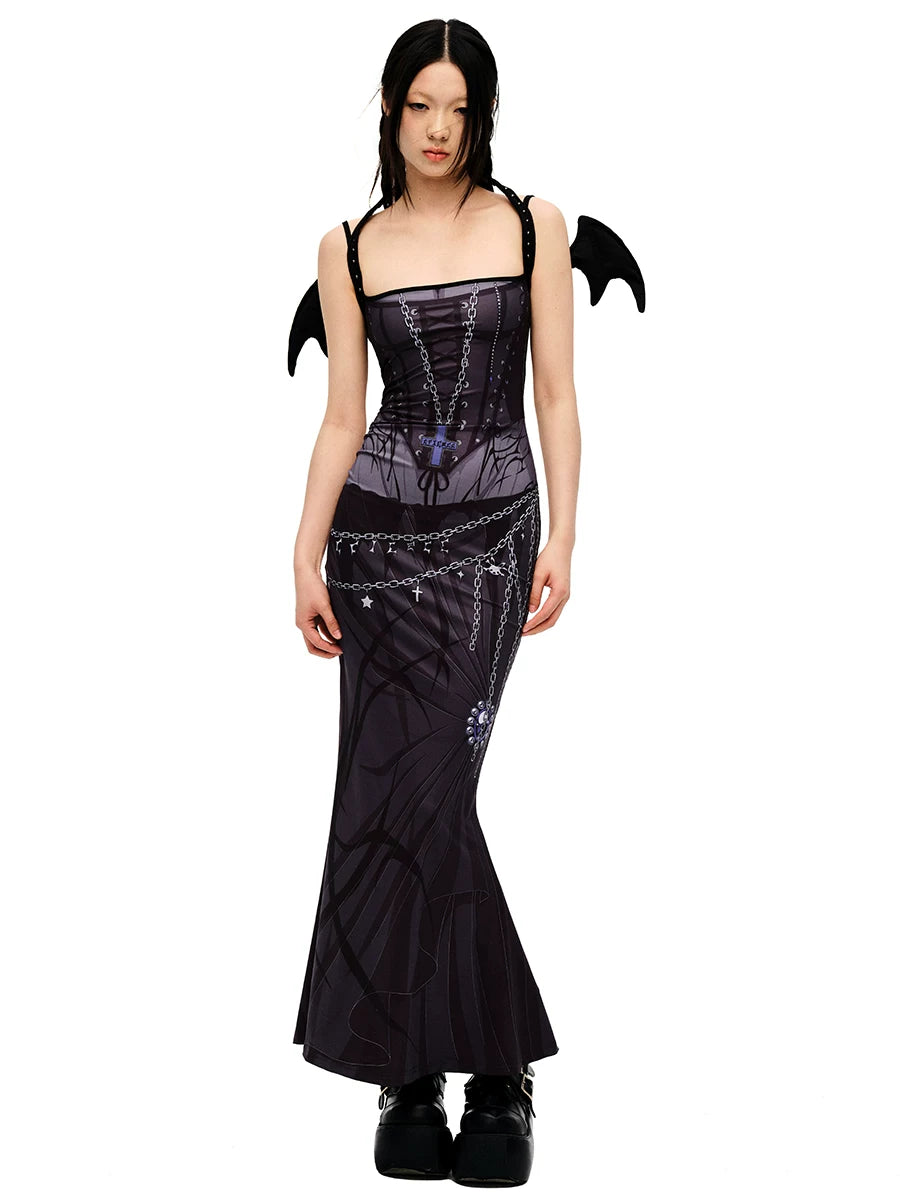 Vestido de sirena con tirantes de bruja