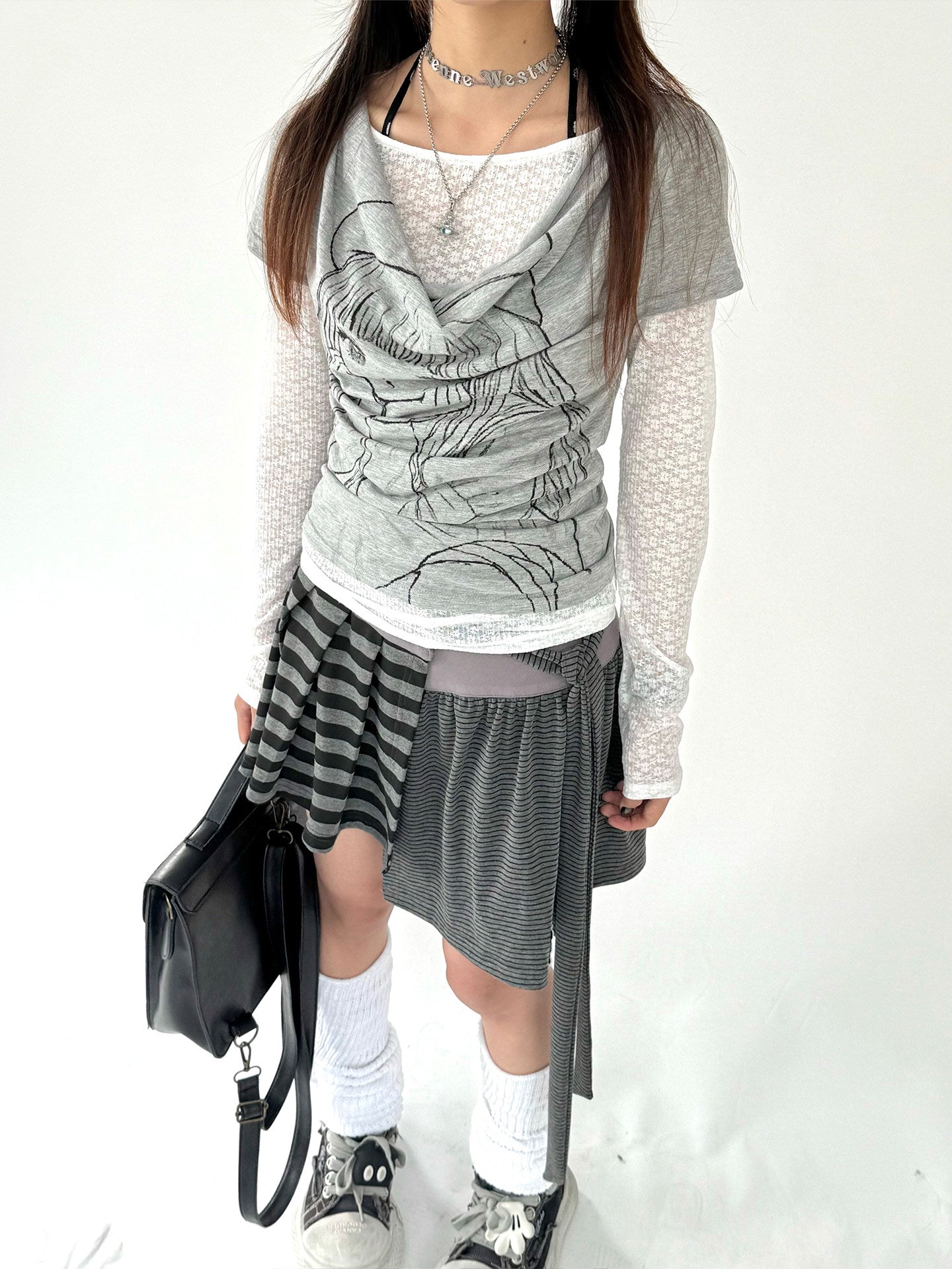 Fake Layered Draped Print Long Sleeve T-Shirt