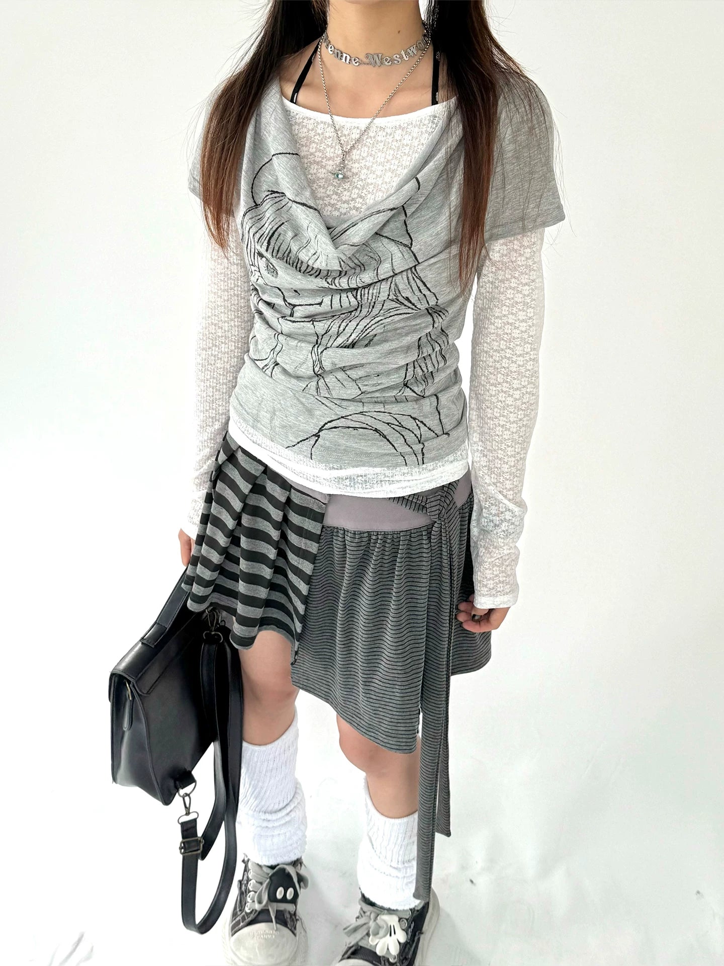 Fake Layered Draped Print Long Sleeve T-Shirt