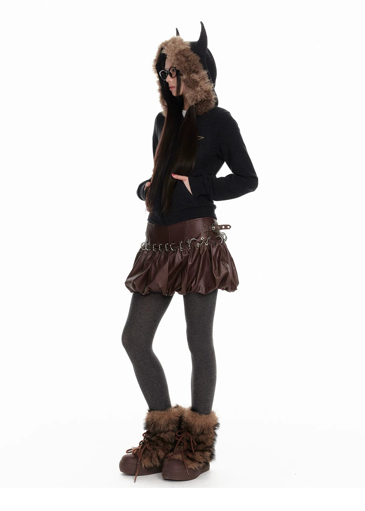 Horn Fur Collar Fuzzy Zipper Hoodie & Wide-Leg Pants Setup