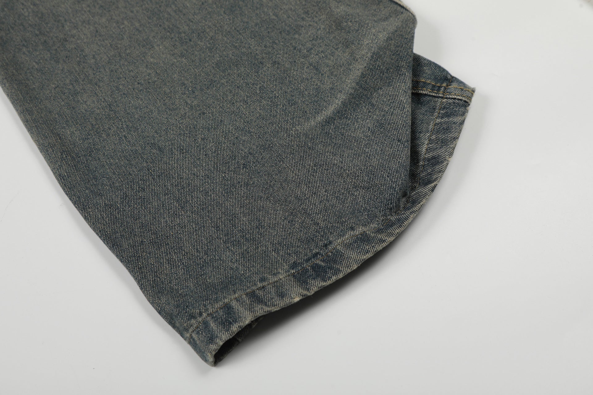 Washed Whisker Cross Studs Wide Leg Denim Jeans