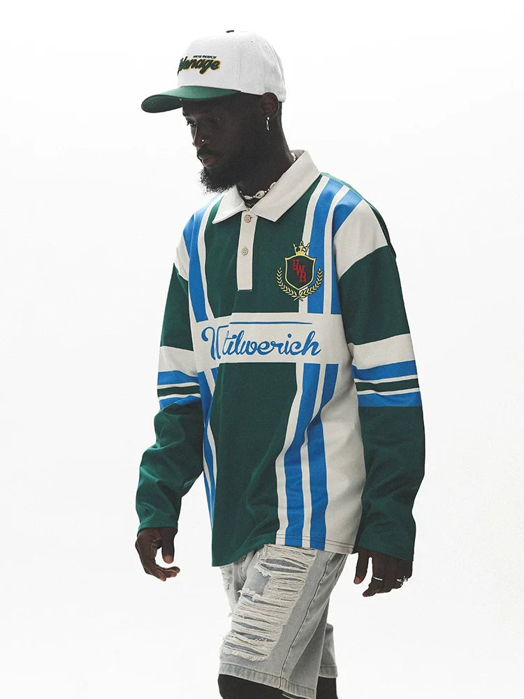 Color Block Vertical Stripe Long Sleeve Polo Shirt