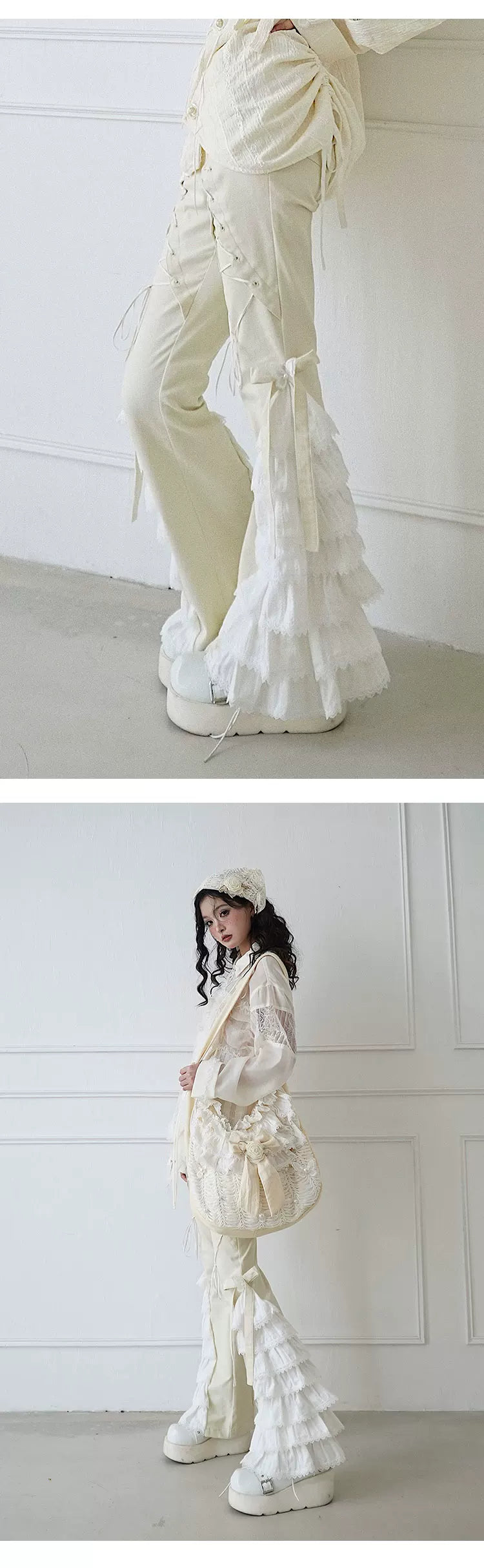 Lace-Trim Ruffle Long Pants