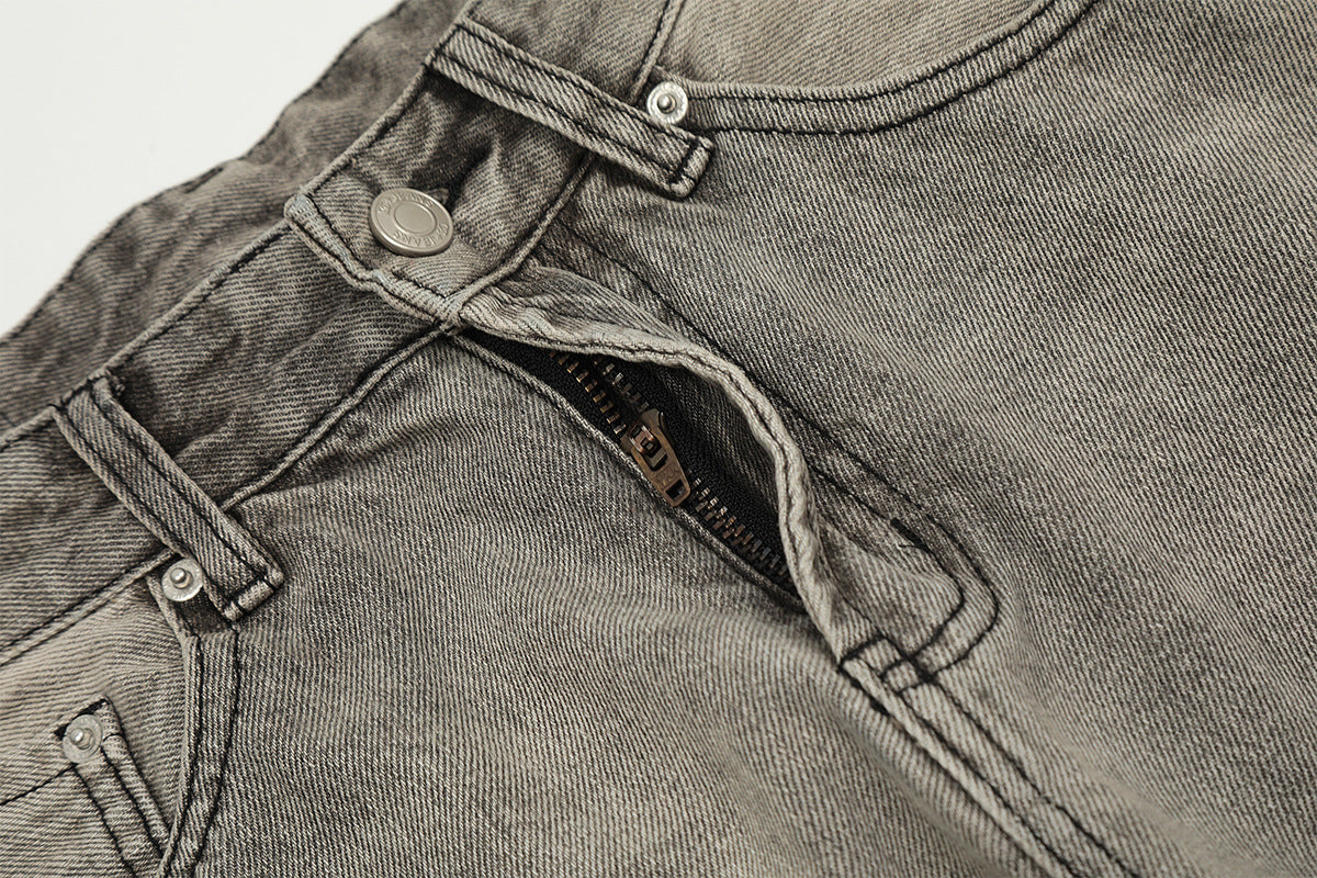 Washed Damage Straight Wide Leg Denim Jeans
