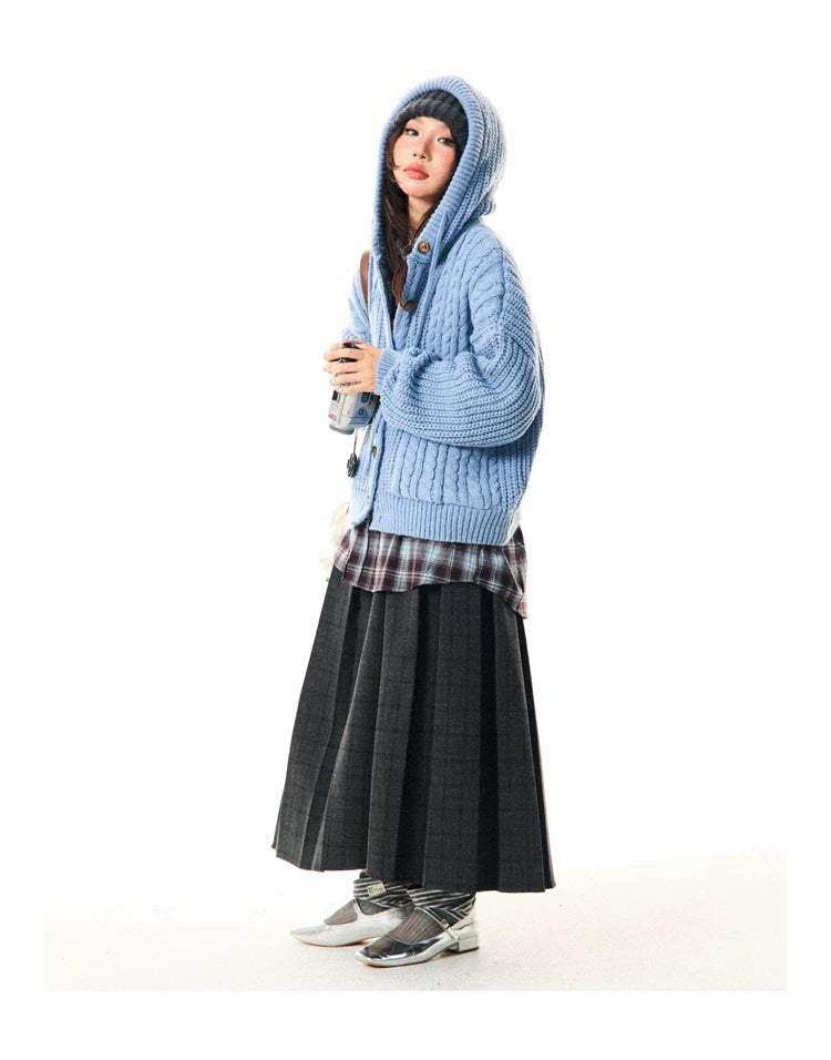 Hooded Button Oversize Cable Knit Cardigan