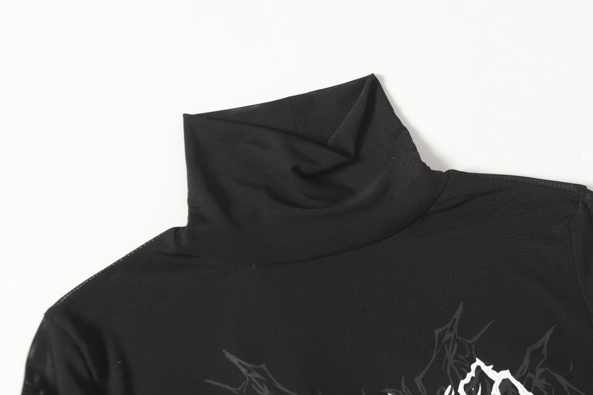 High-Neck Mesh Graphic Print Long Sleeve T-Shirt