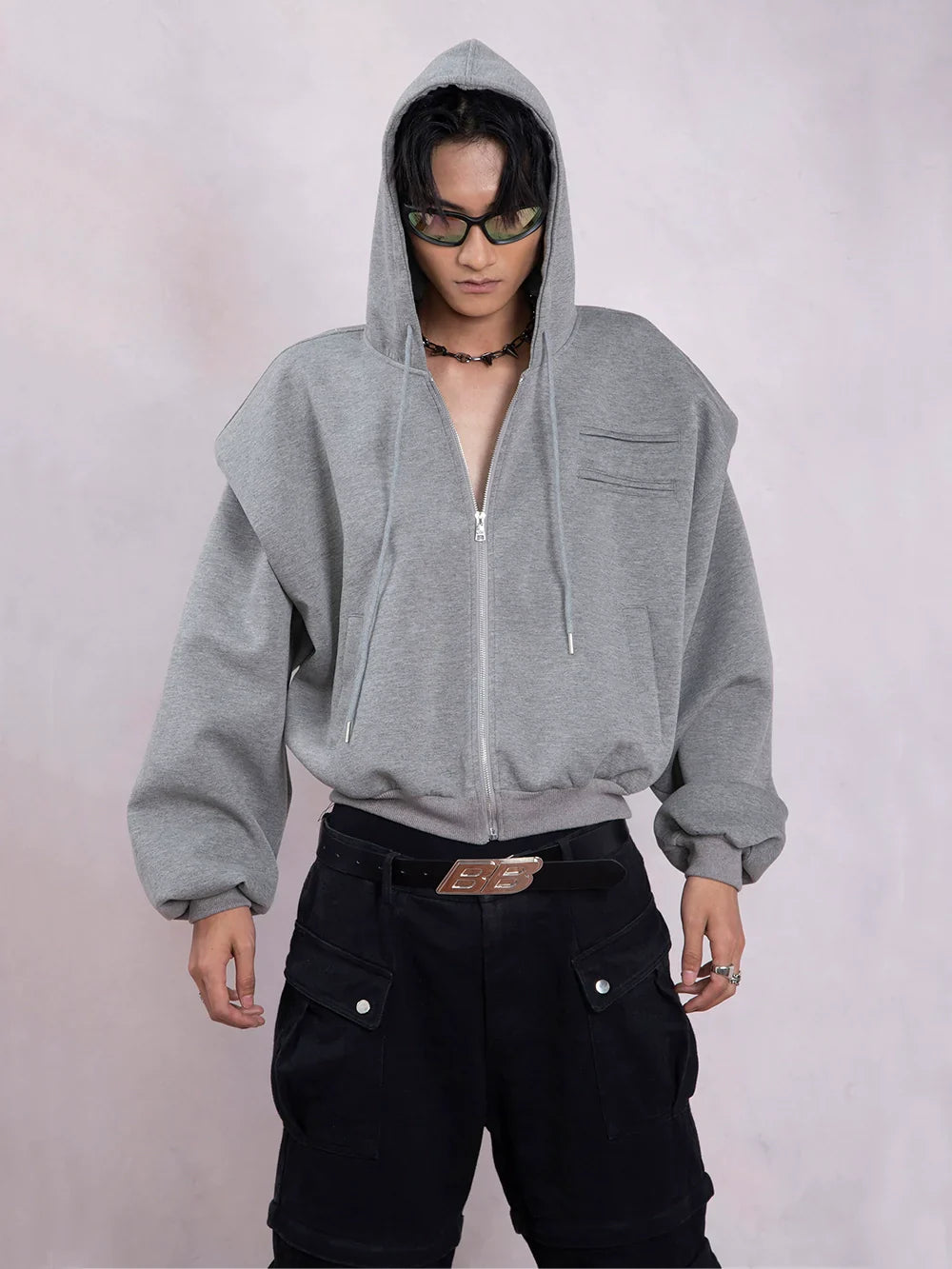 Shoulder Pad Short Zipper Hoodie & Wide-Leg Sweatpants Setup