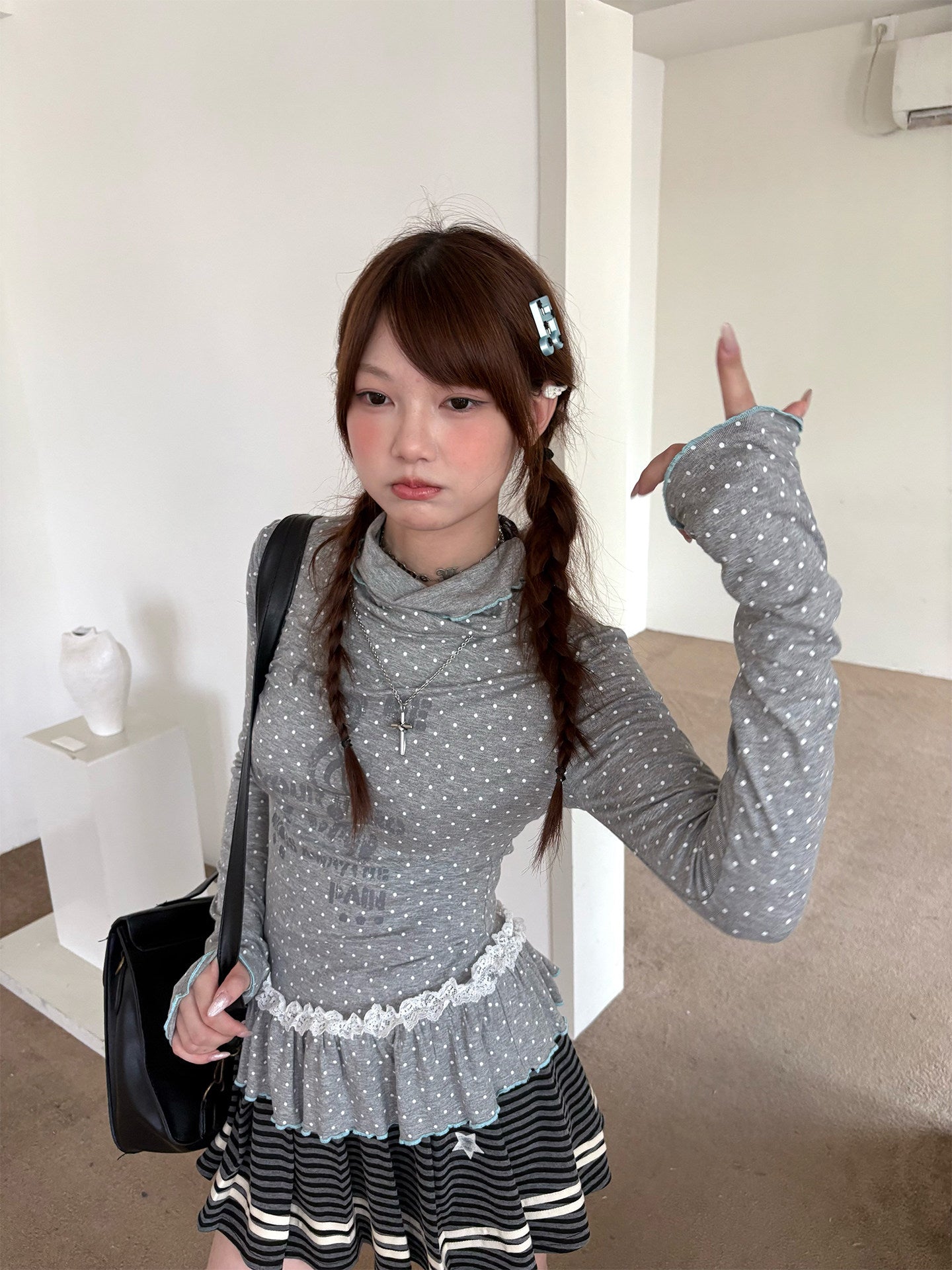 Polka Dot Lace High-Neck Long Sleeve T-Shirt