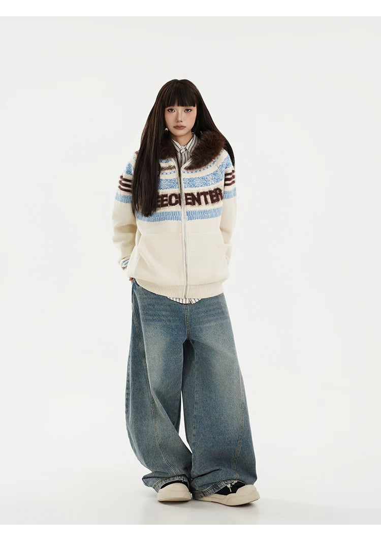 Fair Isle Hooded Detachable Fur Collar Knit Cardigan