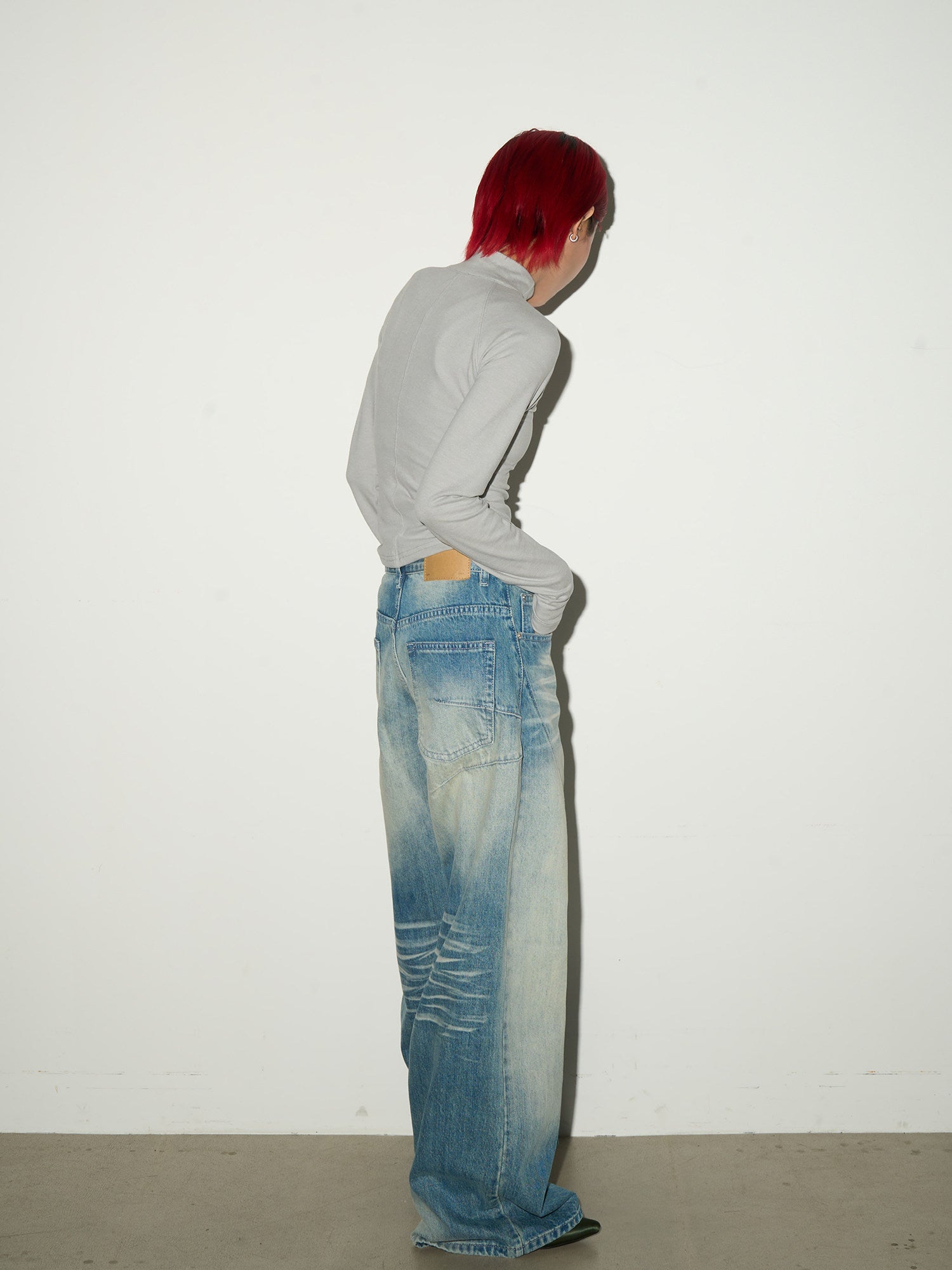 Washed Fade Seam Detail Wide Leg Denim Jeans