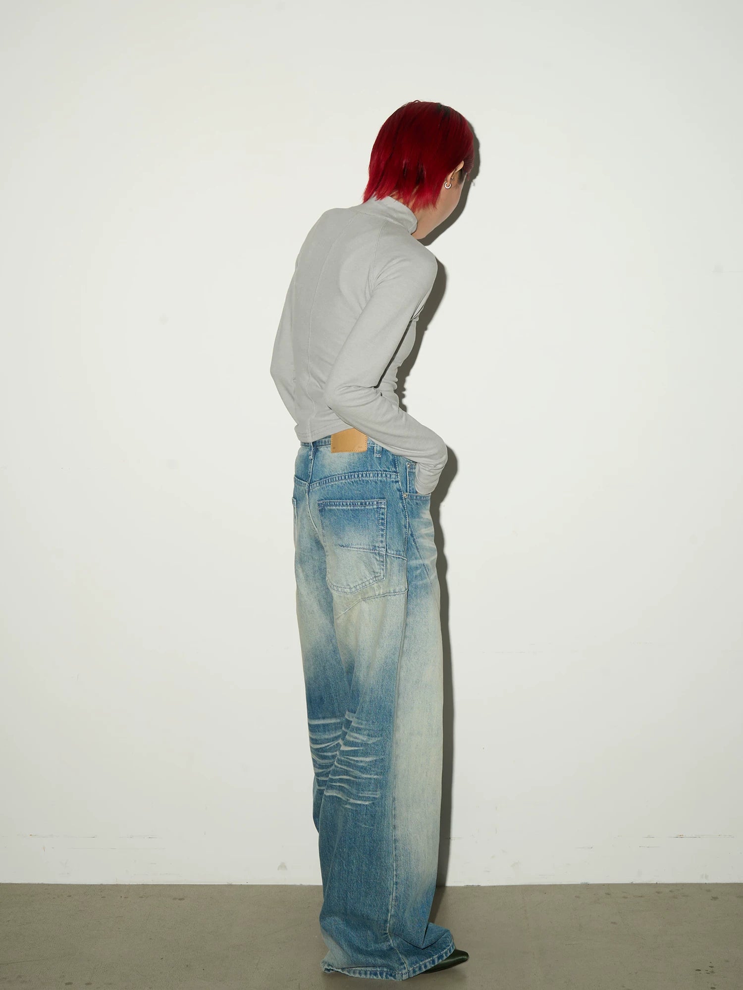 Washed Fade Seam Detail Wide Leg Denim Jeans