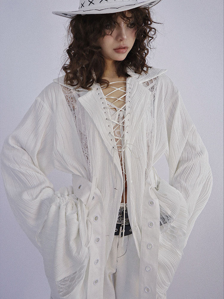 Ruched Textured Strap Detail Long Sleeve Shirt