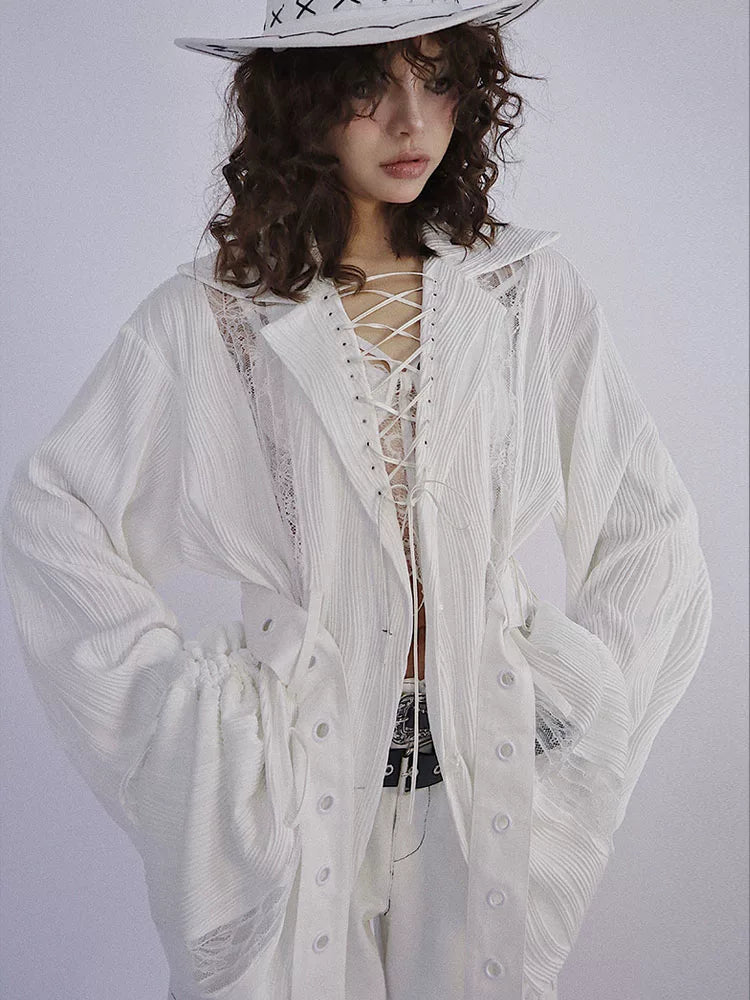 Ruched Textured Strap Detail Long Sleeve Shirt
