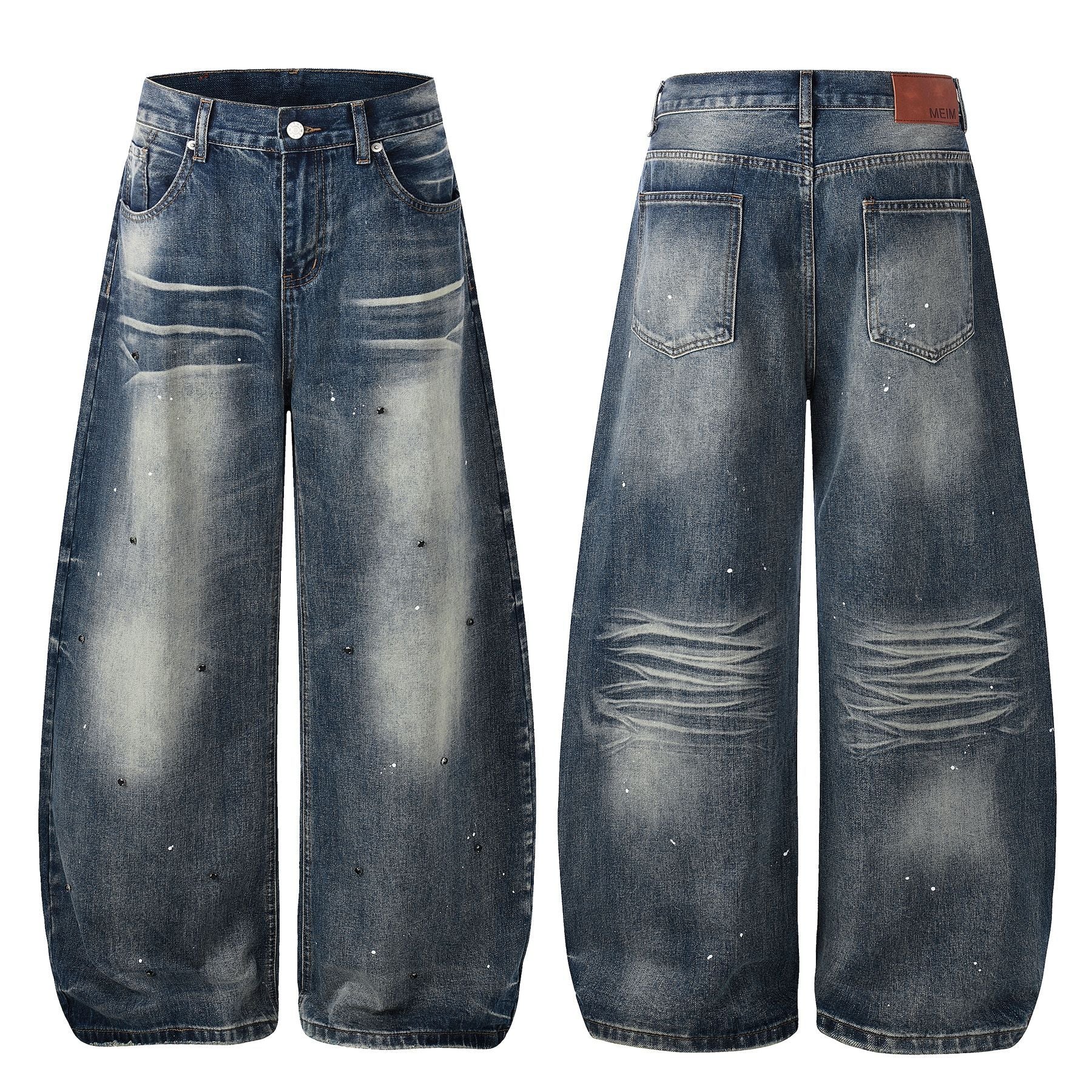 Washed Paint Rhinestone Wide Leg Curved Denim Jeans