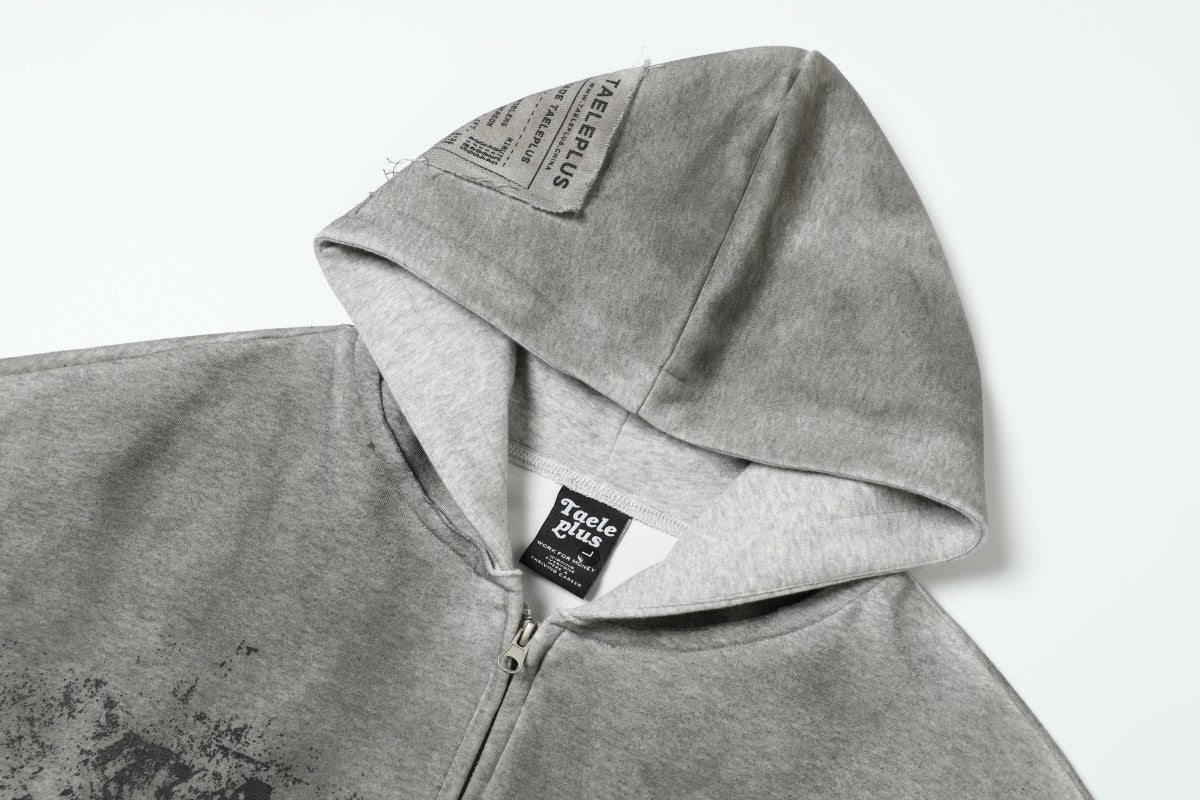 Gradient Washed Stain Dye Zipper Hoodie