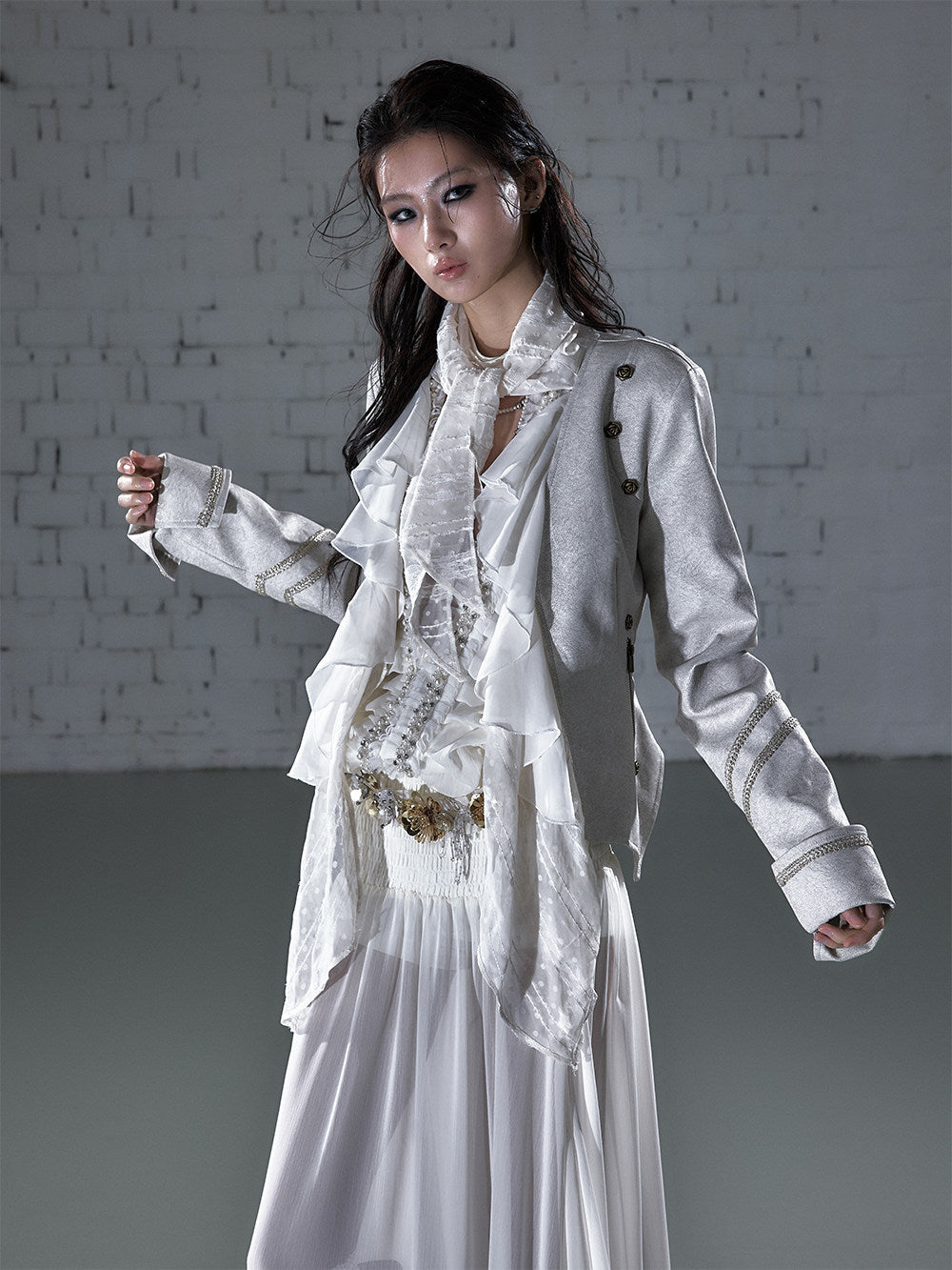 Ruffle Tie-Neck Slim Fit Long Sleeve Shirt