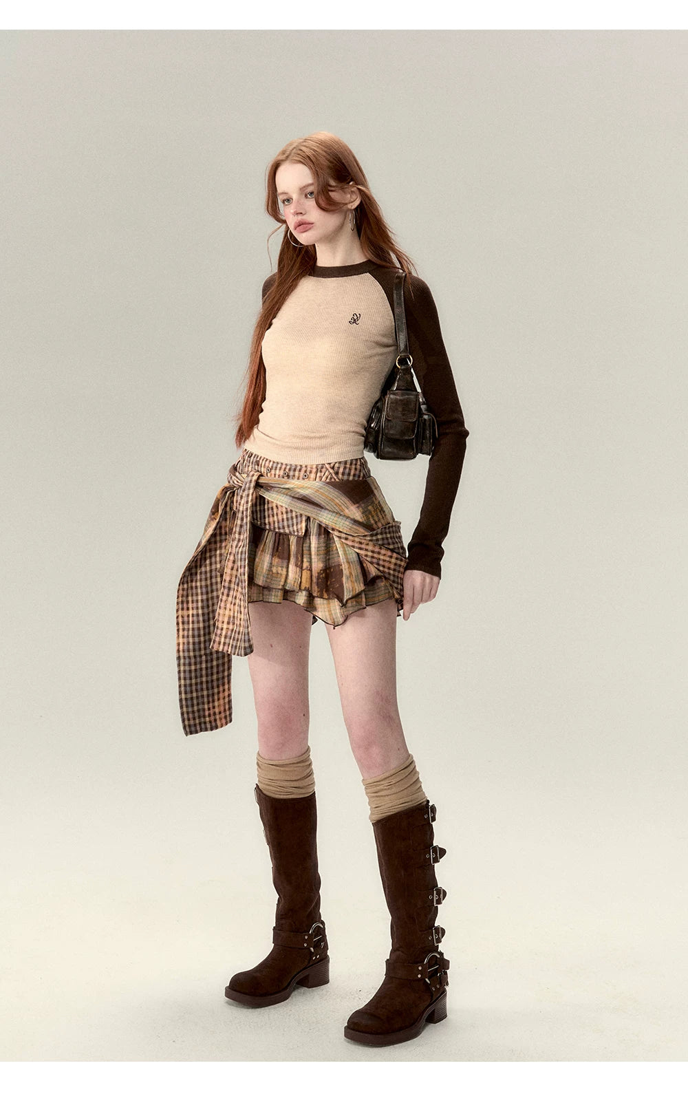 Oversize Plaid Long Sleeve Shirt & Short Skirt & Scarf Setup